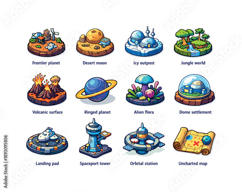 Outer Rim Icons. Outer rim worlds. Colorful isometric vector icons set of Outer rim worlds: frontier planet, desert moon, icy outpost, jungle world, volcanic