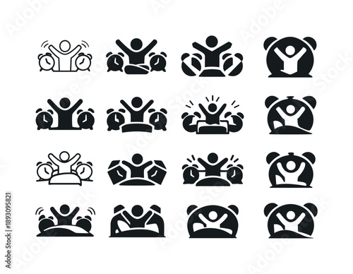 Morning Routine Icons. Morning routine. Icon set. Set Logo of morning routine: waking up alarm clock. harmonious logo variations of the same emblematic