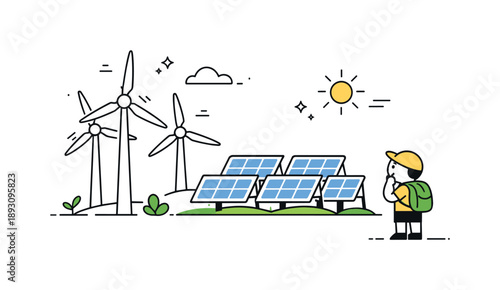 Renewable Energy Illustration. Renewable energy illustration. Wind turbines and solar panels arranged neatly with a small character nearby. Clean future energy