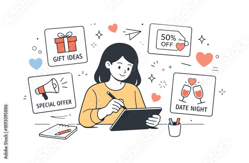 Valentine's Marketing Prep. February Campaign Planning. A character working on a tablet with promotion cards and abstract hearts, representing Valentine?s