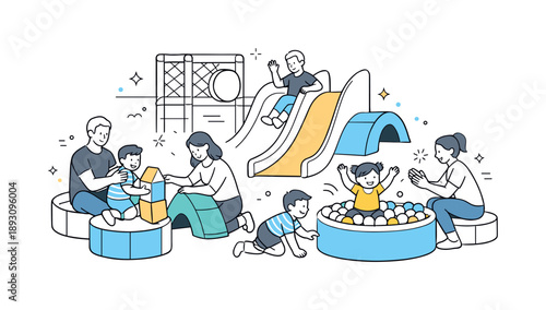 Indoor Playground Fun. People at indoor playground. Adults and children playing together among soft structures and slides. Safe fun and lively family-friendly