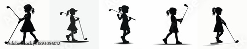 Silhouette of a Cute Child Playing Golf Vector Illustration