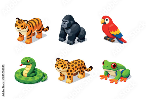 Jungle Animal Grid. Jungle Animals. Isometric flat vector icons set of jungle animals: tiger, gorilla, parrot, snake, jaguar, tree frog. Arrange all isometric