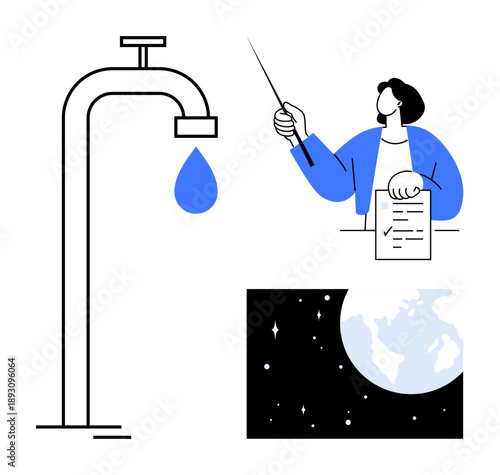 Water faucet with droplet, educator presenting with pointer and document, and Earth illustration. Ideal for sustainability, education, environmental awareness, water conservation, climate change