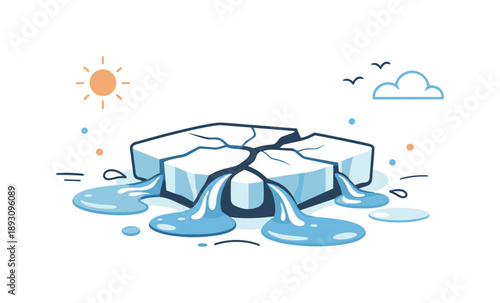 Melting Ice Renewal. Melting ice editorial illustration. Minimal abstract scene showing ice fracturing while water streams outward, calm storytelling of thaw