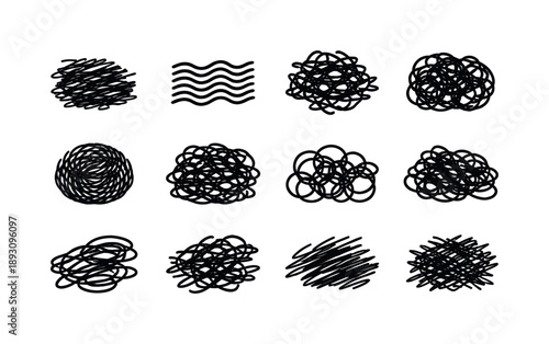 Messy Texture Icons. Messy textures. Solid icon set of Messy textures: scribble texture, wavy pattern, jumbled lines, cluster of loops, cord ball, abstract