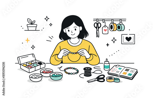 Peaceful Crafting Scene. Indoor crafting hobby illustration. Character working on a craft project like knitting, scrapbooking or beading, surrounded by calm,