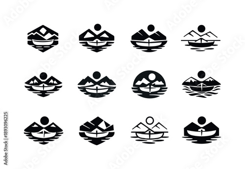 Lakeside Logo Variations. Lakeside. Icon set. Set Logo of Lakeside: rowing boat shape. harmonious logo variations of the same emblematic concept, each with