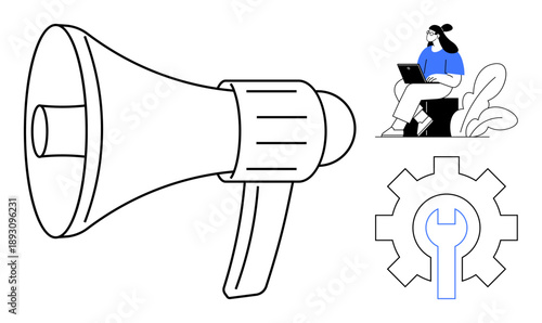 Communication concept. Communication with a megaphone, a person using a laptop, and gear icons for digital interaction and settings. For marketing, remote work, teamwork, technology solutions