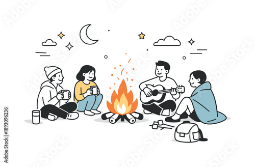 Bonfire Night Gathering. Bonfire evening outdoors. A calm moment of people gathered around a fire, with sparks rising and soft night elements around. The