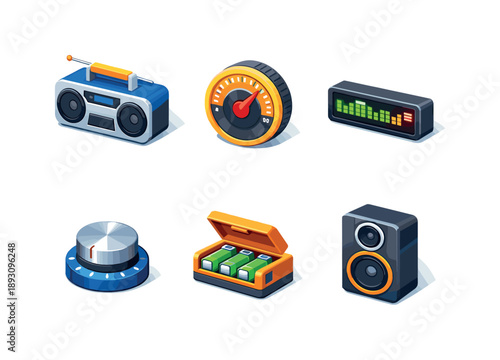 Portable Stereo Icons. Portable stereo. Isometric flat vector icons set of portable stereo: compact radio body, tuning dial wheel, LED frequency display,