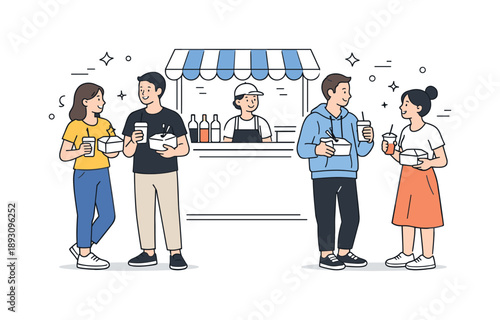 Street Food Social. Street food scene customers. People standing near a food stall holding takeaway boxes and drinks, relaxed interaction. Everyday city life