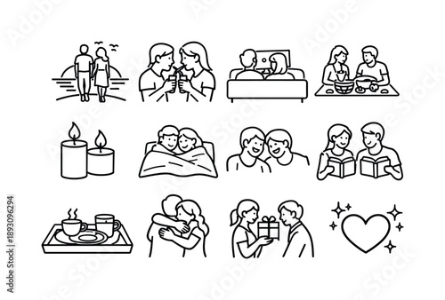 Romantic Connection Icons. Romantic Connection Moments. Line icon set of Romantic Connection Moments: sunset walk, shared drink, movie night, picnic date,