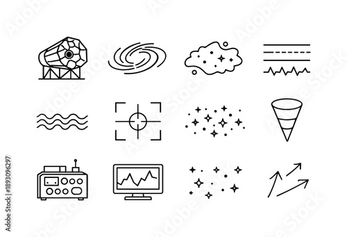 Deep Space Icon Set. Deep Space Observatory. Line icon set of Deep Space Observatory: large mirror telescope, distant galaxy spiral, nebula cloud, star
