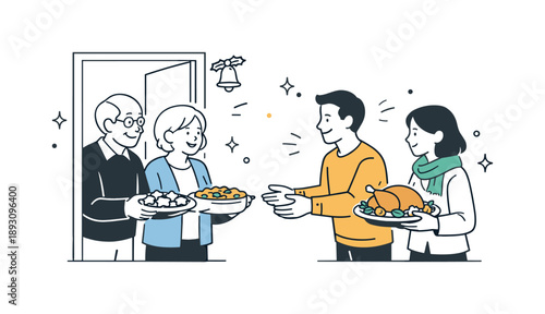 Festive Food Exchange. Neighbors sharing holiday food together. Neighbors standing by an open door, exchanging plates and smiling warmly. Friendly generosity