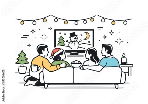 Festive TV Gathering. Group watching holiday TV special evening. Group relaxing together as evening lights and subtle festive decor frame the scene. Peaceful