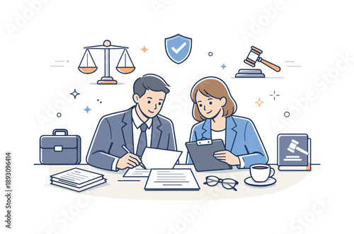 Legal Advisors Collaborating. Corporate legal advisors at work. Legal advisors reviewing contracts together at a desk, calm professional discussion and focused