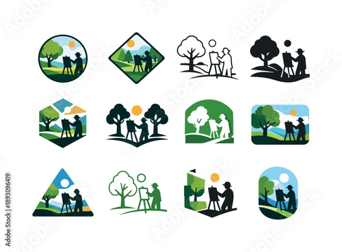 Artist Landscape Logos. Artist painting a landscape in the park. Icon set. Set Logo of artist painting a landscape in the park: creative moment framed in
