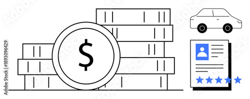 Stack of coins with dollar sign, car icon, and profile document with a five-star rating. Ideal for finance, loans, car leasing, customer satisfaction, personal credit, car purchase economic