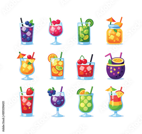 Colorful Fruit Cocktails Icons. Fruit Cocktails. Colorful flat vector icons set of Fruit Cocktails: blueberry fizz, raspberry spritz, kiwi crush, mango cooler,