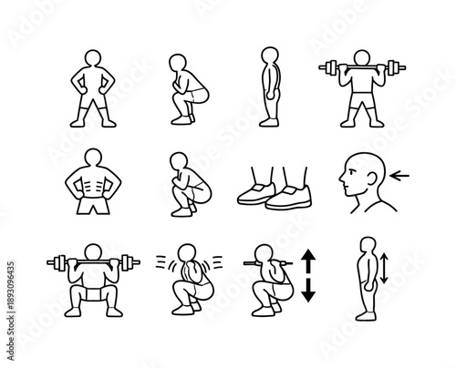 Squat Technique Icons. Squat Technique. Line icon set of Squat Technique: squat stance, knees bent, straight back, barbell form, core engaged, squat depth,