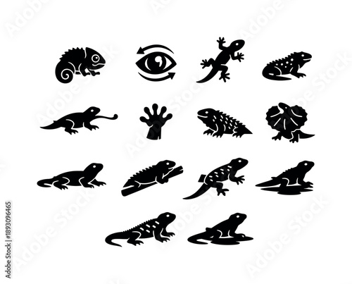 Colorful Lizard Icons. Colorful Lizards. Solid icon set of Colorful Lizards: chameleon tail, eye rotation, climbing gecko, spotted iguana, long tongue, foot