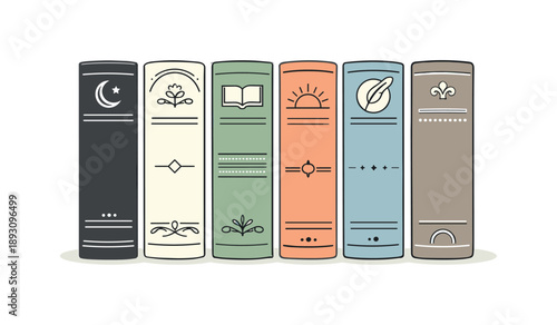 Vintage Book Covers. Minimal vintage book cover set. Several closed books with ornate yet subtle details placed in a tidy row, soft spines and muted tones.