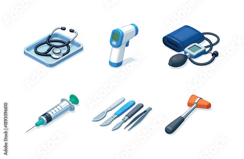 Colorful Medical Icons. Medical tools. Isometric flat vector icons set of medical tools: stethoscope on tray, thermometer device, blood pressure cuff, syringe