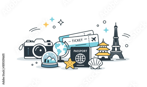 Travel Keepsakes Collection. Travel memories illustration. A small collection of travel objects like a camera, tickets, and souvenirs arranged neatly. Quiet
