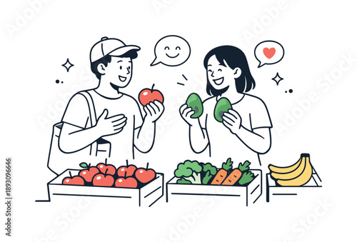 Grocery Shopping Friends. Friends choosing groceries together. People comparing fruits and vegetables at an open-air market, sharing opinions and laughing