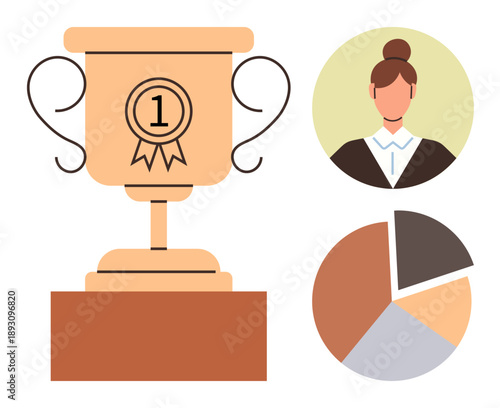 Success, achievement, data analysis, leadership, employee recognition, business performance. Golden trophy, woman portrait and pie chart in clean layout. Success and employee recognition concept