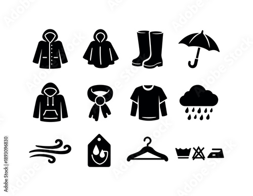 Wet Weather Icons. Wet Weather Clothing. Solid icon set of Wet Weather Clothing: waterproof coat, poncho rain cape, knee high boots, umbrella open, hooded