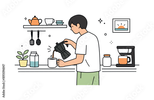 Cozy Kitchen Morning. Cozy morning lifestyle scene. Simple minimal kitchen scene with a person making coffee, soft sunlight, and gentle decorative accents,