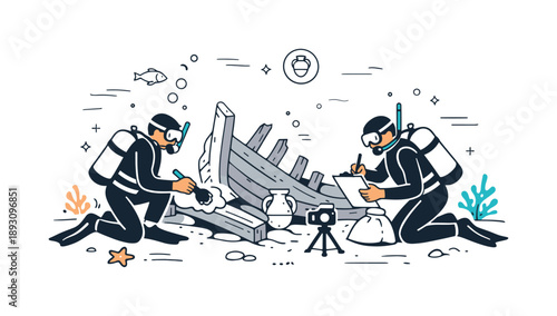 Underwater Shipwreck Restoration. Underwater shipwreck conservation. Divers gently cleaning and stabilizing ancient ship remains beneath the water, using tools