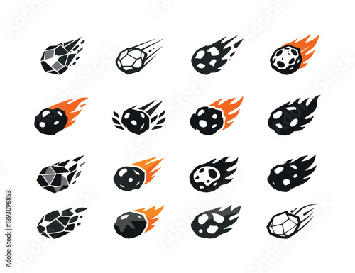 Meteorite Icon Set. Meteorites. Icon set. Set Logo of Meteorites: rocky space fragment. harmonious logo variations of the same emblematic concept, each with