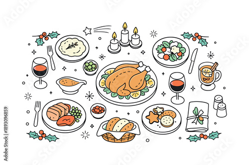 Festive Tabletop Illustration. Holiday dinner illustration. A festive table set with simple dishes, candles, and drinks, viewed from above. Calm celebration