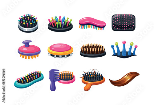 Colorful Hairbrush Icons. Hairbrush bristle. Colorful flat vector icons set of hairbrush bristle: round brush head, close-up bristles, detangling brush, paddle