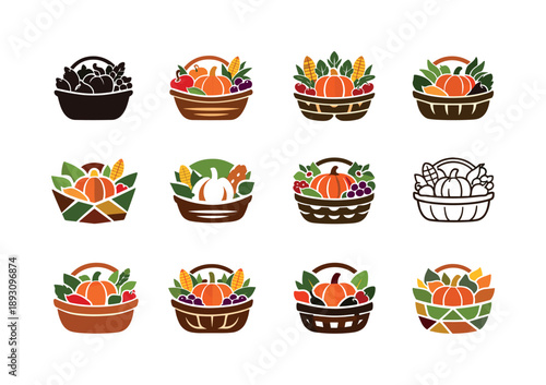 Seasonal Harvest Emblems. Seasonal fruits and vegetables. Icon set. Set Logo of Seasonal fruits and vegetables: basket with fresh harvest. harmonious logo
