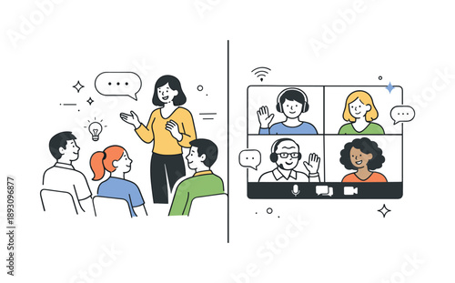Hybrid Collaboration Scene. Virtual and live participants. A split-screen style composition showing both a small live audience and remote attendees interacting