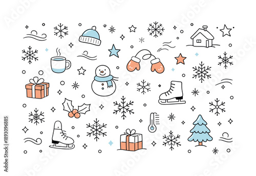 Minimalist Winter Pattern. Winter pattern backdrop. Snowflakes, stars and simple winter icons arranged in a clean repeat, calm festive mood without visual