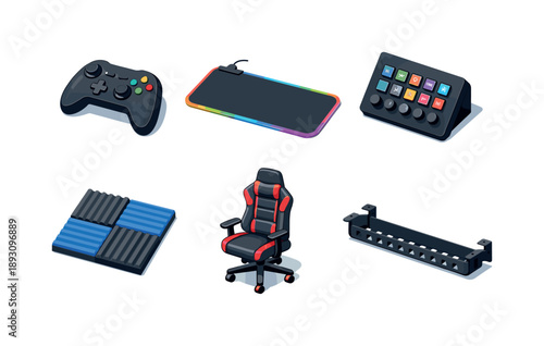 Gaming Gear Icons Set. Game streaming equipment. Isometric flat vector icons set of Game streaming equipment: gaming controller gamepad, RGB mouse pad,