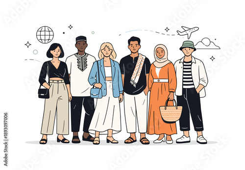Global Style Fusion. Global fashion trends. Diverse people from different cultures standing together, wearing modern outfits inspired by global styles, calm