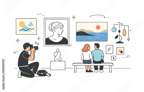 Art Gallery Photography. Documenting art exhibits. Photographer capturing a variety of artworks in a spacious gallery, showing diversity of styles and careful