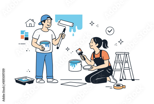 Collaborative Room Painting. Painting a room together. Two people collaborate while painting walls, sharing tools and tasks. Teamwork, shared effort, and