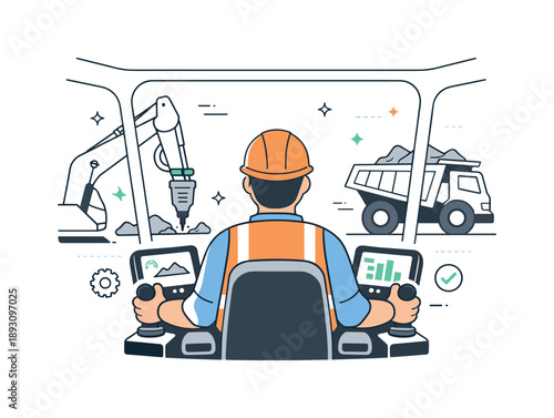 Modern Machine Operator. Heavy equipment operation. A machine operator sits inside a modern vehicle cab, overseeing powerful tools in action. The atmosphere