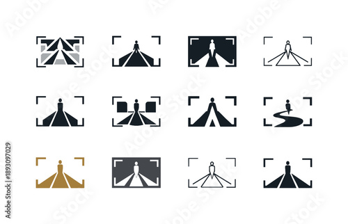 Fashion Logo Icons. Fashion photography. Icon set. Set Logo of Fashion photography: runway perspective with camera viewfinder. harmonious logo variations of