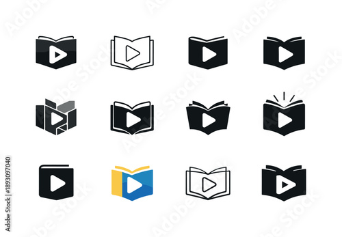 Interactive Textbook Logos. Interactive textbooks. Icon set. Set Logo of Interactive textbooks: book with play button. harmonious logo variations of the same