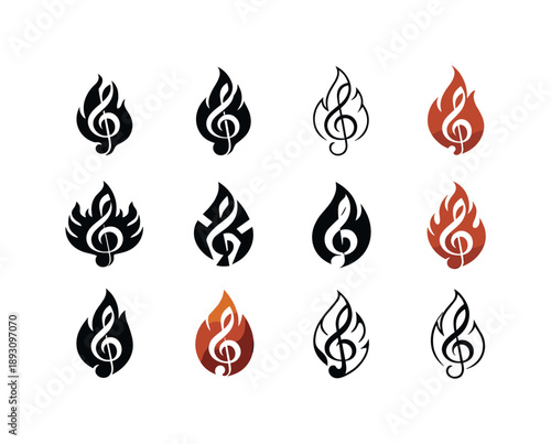 Soulful Music Icons. Soulful music. Icon set. Set Logo of Soulful music: treble clef blended with flame. harmonious logo variations of the same emblematic