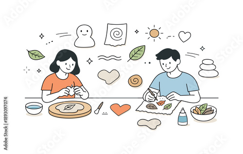 Calm Creative Session. Art therapy with natural materials. A calm creative session using leaves, clay, and recycled paper on a large table, expressing emotions