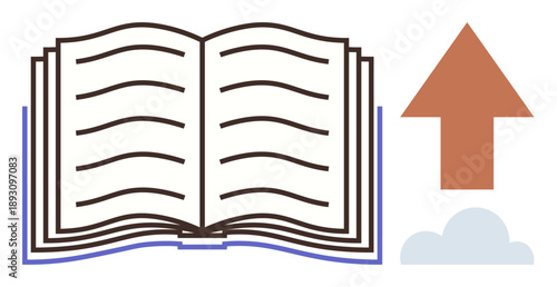 Education, knowledge sharing, self-improvement, digital learning, publishing, online growth. Open book with an upward arrow and cloud. Education and knowledge sharing concept